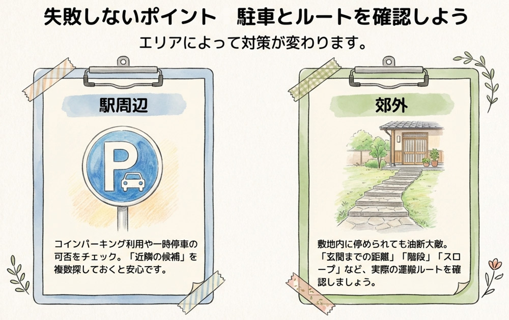 「駐車スペース」と「搬出入ルート」