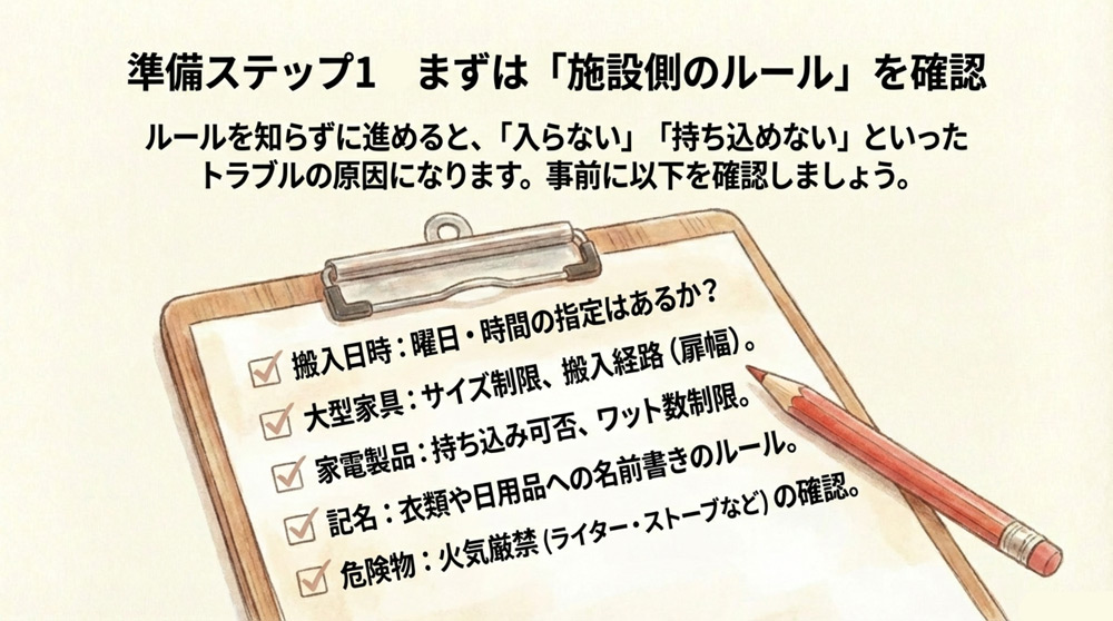 施設側のルール・持ち込み制限を確認する