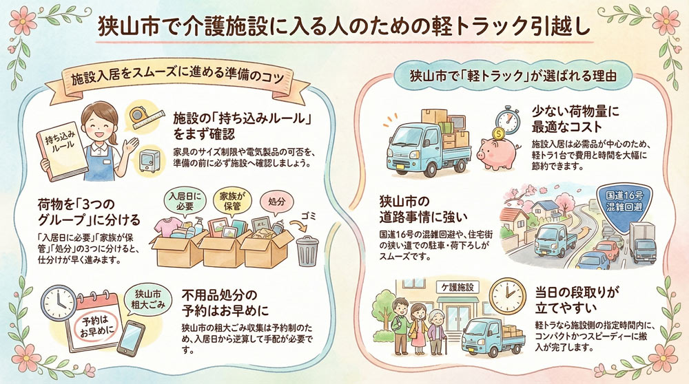 狭山市で介護施設（老人ホーム・サ高住）に入る人のための軽トラック引越し