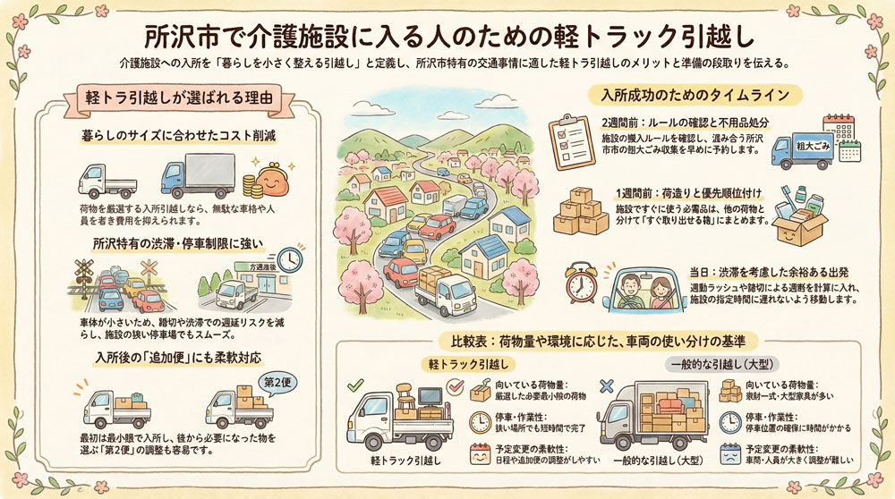 所沢市で介護施設(老人ホーム・サ高住)に入る人のための軽トラック引越し