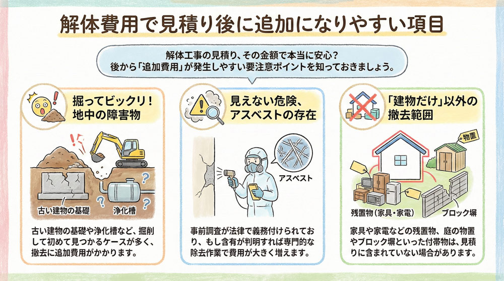 解体費用で見積り後に追加になりやすい項目は何ですか？