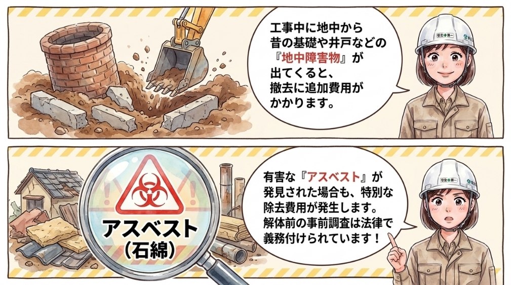 地中障害物(古い基礎・浄化槽・井戸・ガラなど)が見つかった場合や、アスベスト(石綿)が含まれていた場合