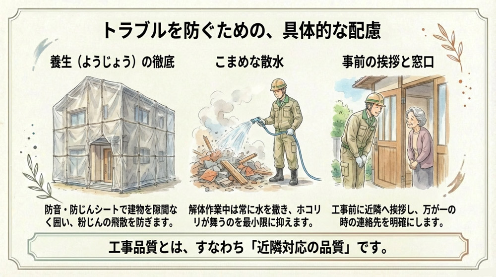 養生(防音・防じんシート)や散水の徹底、作業時間の配慮