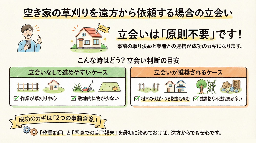 空き家の草刈りを遠方から依頼する場合に立会いは不要ですか？
