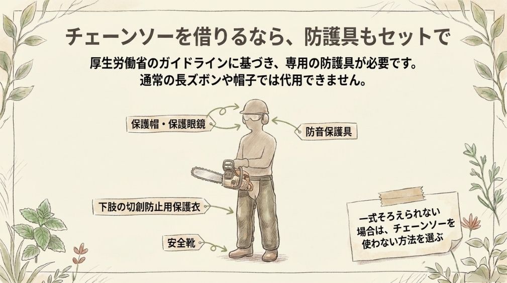 チェーンソーを借りる場合は防護具を別に用意する