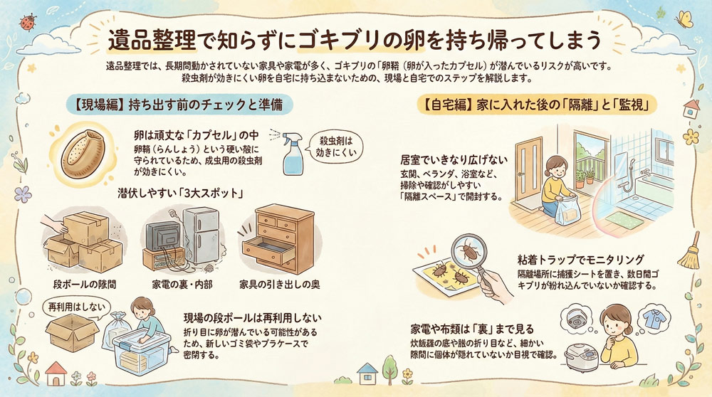 遺品整理で「知らずにゴキブリの卵を持ち帰ってしまう」ケースを解説します